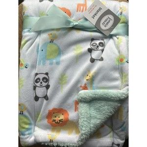 Luvable Friends Jungle Safari Aqua Sherpa Baby Blanket Animals Panda Lion New